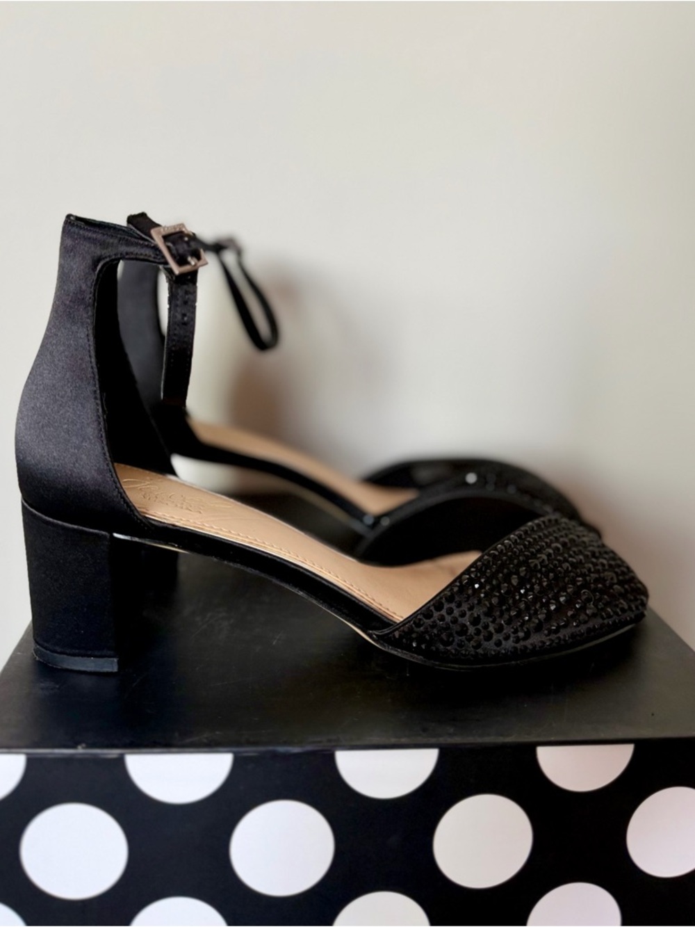 Jewel Badgley Mischka Black Ankle-Strap Block Heels with Rhinestone Toe